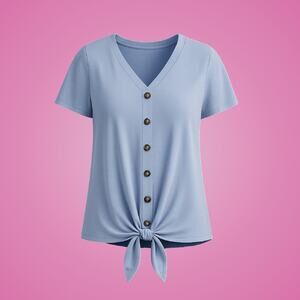 Hippie Rose Juniors Light Blue Tie Front Knit Button Down V Neck Shirt Sz Small